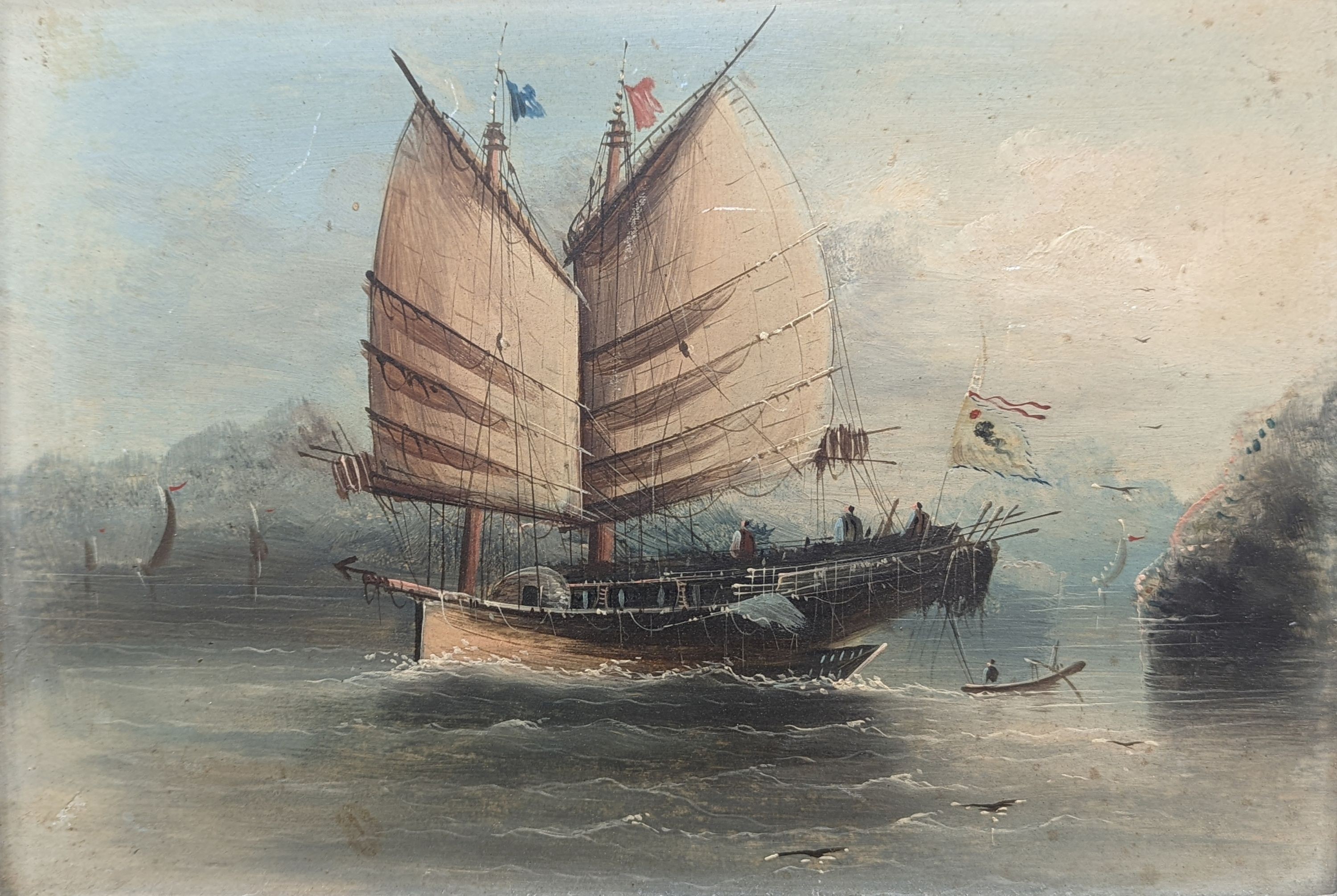 19th century Chinese school, oil on board, Junks at sea, 19 x 28cm